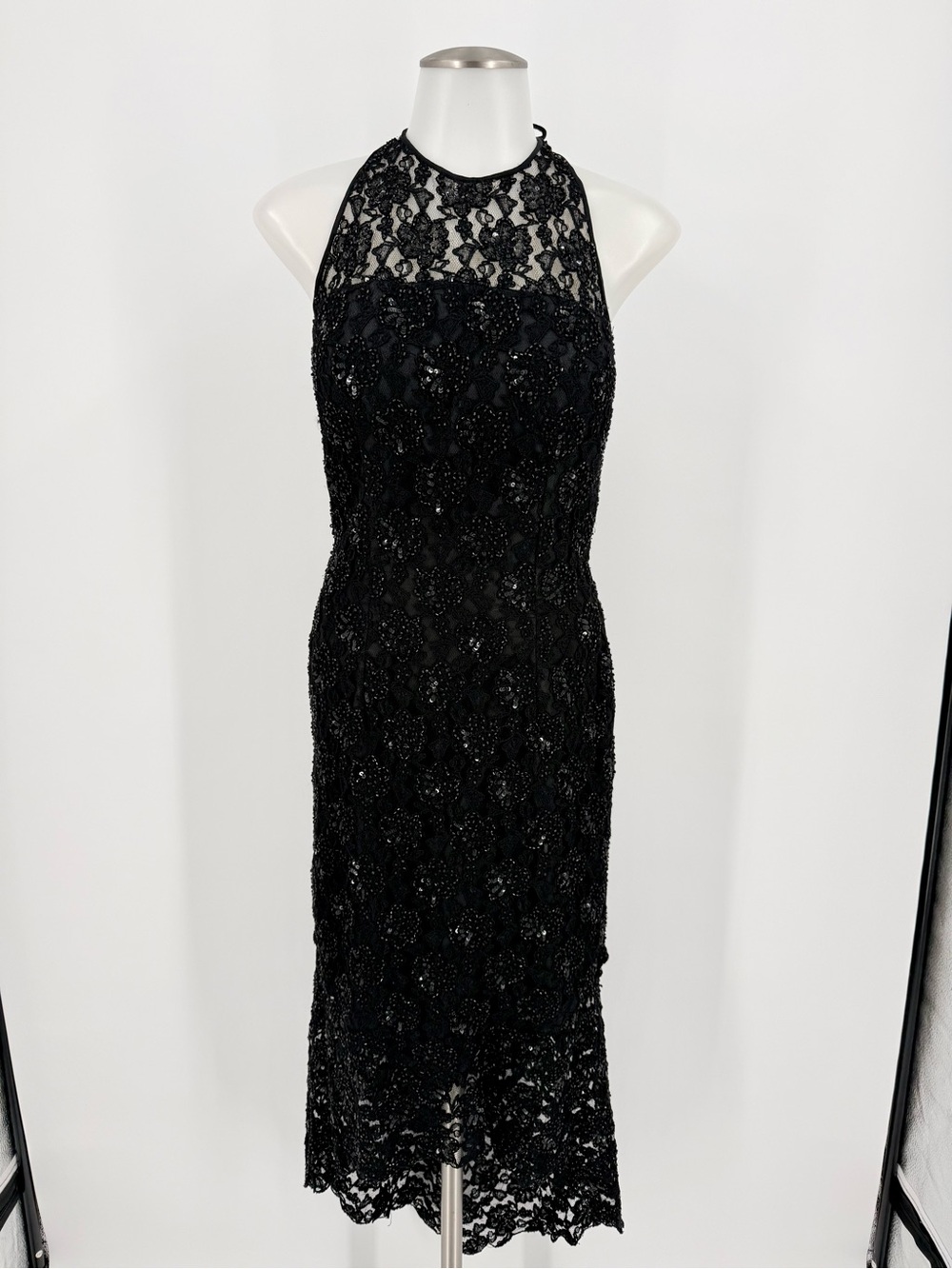 Vintage 90s Sean Collection Black Beaded Lace Halter Midi Dress S